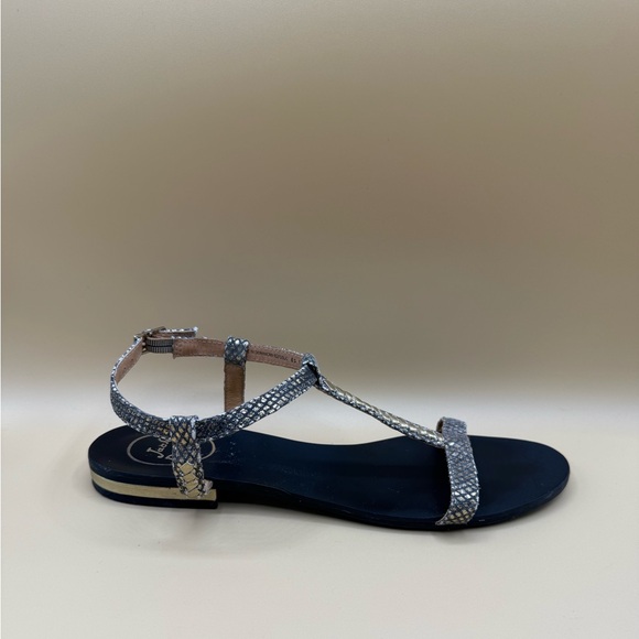 Jack Rogers Cheney Sandal Women’s Size 8.5 Gold Canvas T-Strap Ankle Buckle - Picture 1 of 8